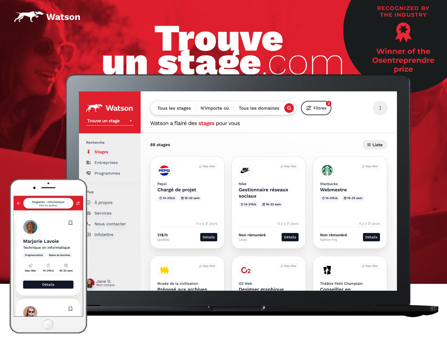 Lancement de la plateforme SaaS « Trouve un stage » — gagnant du prix Osentreprendre